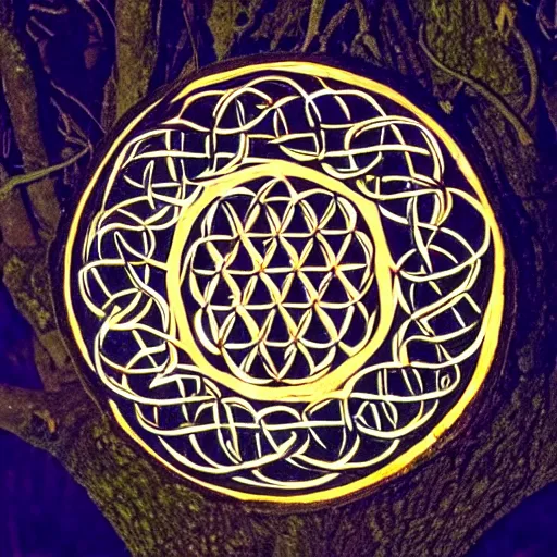 Image similar to Celtic flower of life carved on a tree illuminated by full moonlight, Photo taken with Nikon ISO 2600