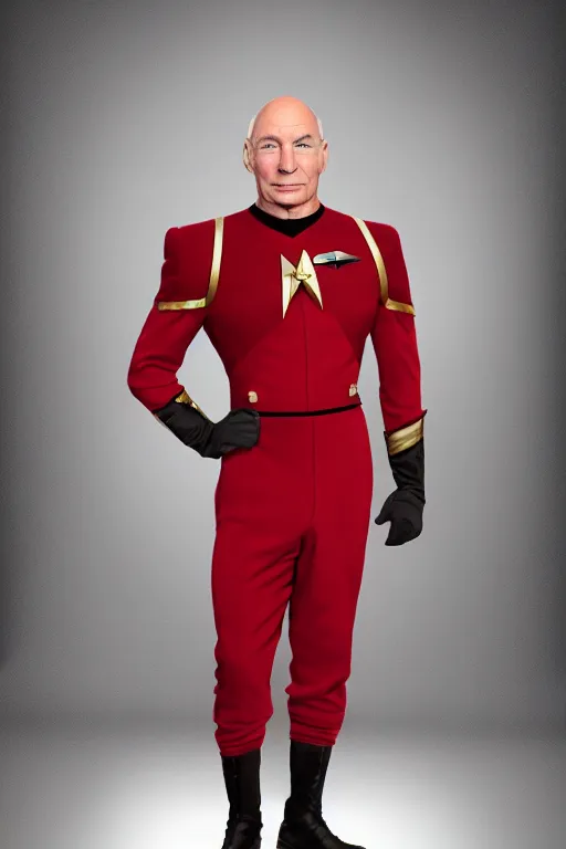 Prompt: full body digital portrait of bodybuilder captain jean - luc picard, starfleet uniform, smooth, elegant, sharp focus, highly detailed