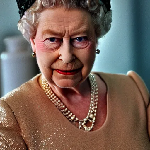 Image similar to queen elizabeth II as the terminator, movie still