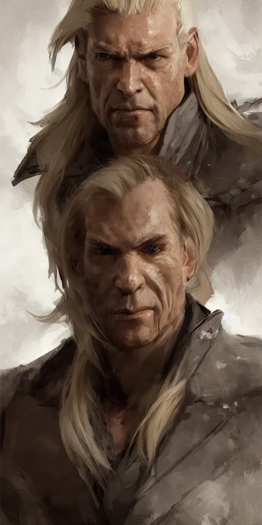 Image similar to portrait of a muscular, grim, ponytail haired blonde man in his late 30's, wearing a thick brown leather coat, looking to his side, half of the face scarred, hunter, DnD character, fantasy character, digital art by Ruan Jia, Krenz Cushart, Rossdraws and Boris Vallejo