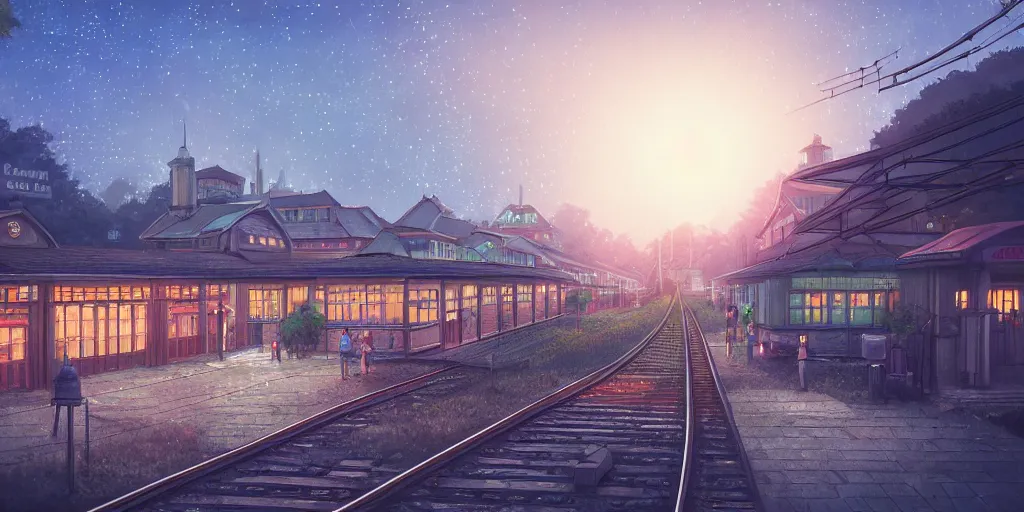 Image similar to at a train station, evening, detailed matte painting, low angle view, telephoto lens, bokeh, studio ghibli, artstation