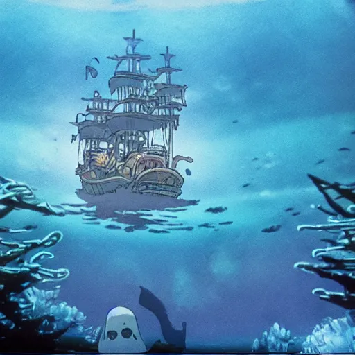 Prompt: ghosts pirate ship underwater by studio ghibli, movie still, below water