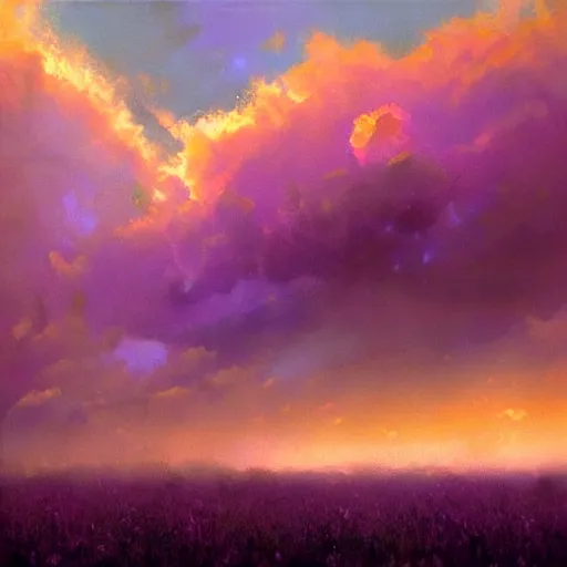 Prompt: scary purple clouds, illuminated by the sun, over a field, beautiful, eerie, craig mullins