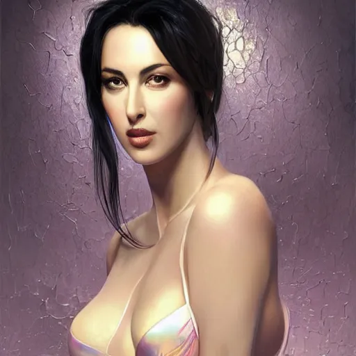 Prompt: striking character concept portrait, monica bellucci, iridescent shiny sheer lingerie, slim, curvaceous. detailed expression, high quality, very dark lighting, many shadows, high contrast, fantasy, reflective, spotlight. digital artwork by artgerm and wlop and alex ross and alphonse mucha, trending on artstation, 8 k, unreal engine