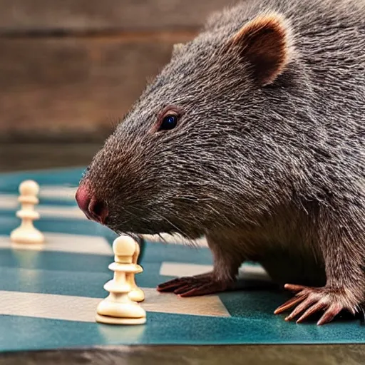 Image similar to wombat playing chess or a raft in stormy seas realistic waves