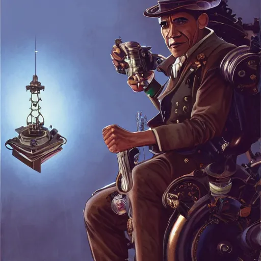 Image similar to Obama as a steampunk colonel character in Bioshock Infinite, beautiful, intricate, highly detailed, digital painting, artstation, oppressive lighting, fashion concept art, sharp focus, illustration, art by greg rutkowski and alphonse mucha