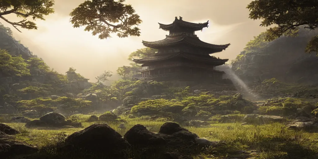 Image similar to an environmental concept art of ghost of tsushima, highly detailed, temple, god rays, environmental light, cinematic by francis tneh