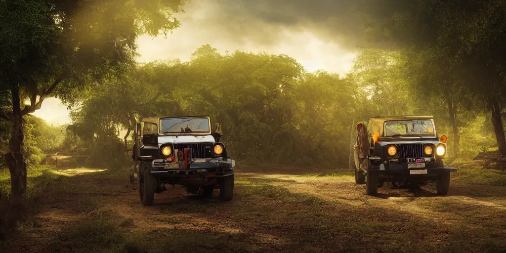 Image similar to kerala village countryside, beautiful dynamic lighting, mahindra thar on the road, cinematic, wide angle establishing shot, extremely high detail, photo realistic, cinematic lighting, post processed, concept art, artstation, matte painting, style by eddie mendoza, raphael lacoste, alex ross, volumetric lighting, light rays, photorealistic, ultrarealistic, moody, coronarender, 8k