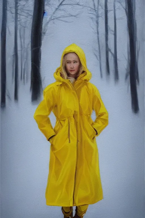 Image similar to a full body high detail portrait oil painting illustration of beautiful blonde woman with face and body clearly visible , dressed in yellow raincoat and yellow rubber boots walks in small town in Finland, realistic proportions, rpg, artstation trending, high quality, no crop, entire person visible, natural light, width 768