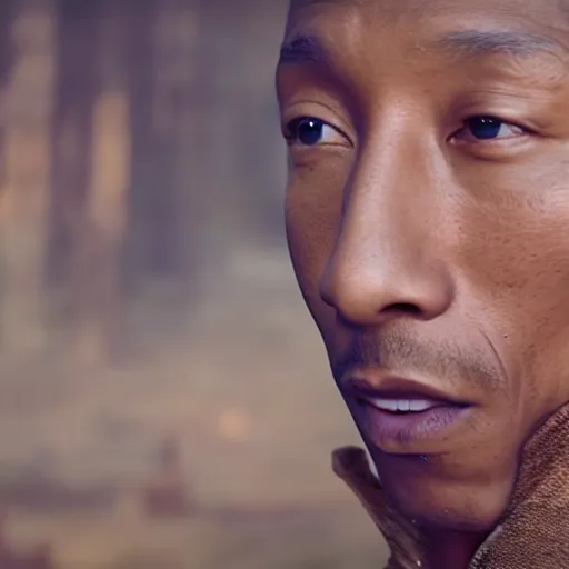 Prompt: cinematic film still Pharrell Williams starring as a Samurai holding fire, Japanese CGI, VFX, 2022, 40mm lens, shallow depth of field,film photography