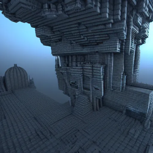 Image similar to inception lovecraft city carved from rock underground another inverted upside down above, voxel render, cinematic warm volumetric lighting