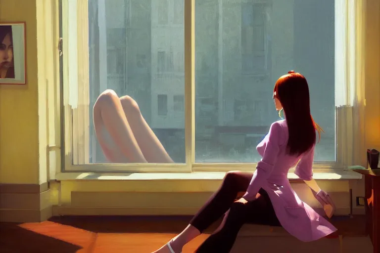 Image similar to A ultradetailed beautiful panting of a stylish woman sitting next to a window of a moders apartment, Oil painting, by Ilya Kuvshinov, Greg Rutkowski and Makoto Shinkai