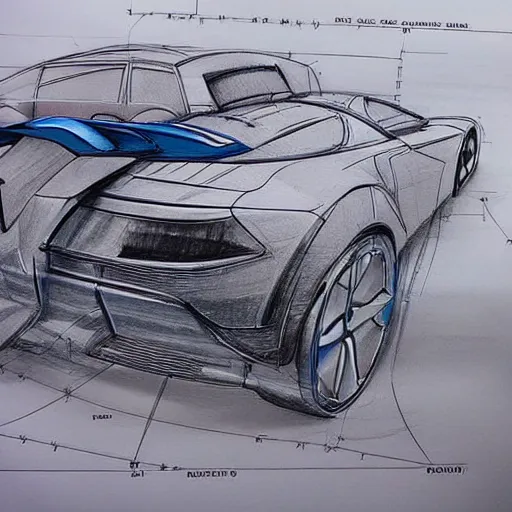 Prompt: Drawing, Blueprints for a car, science fiction, technical, high quality, engineering