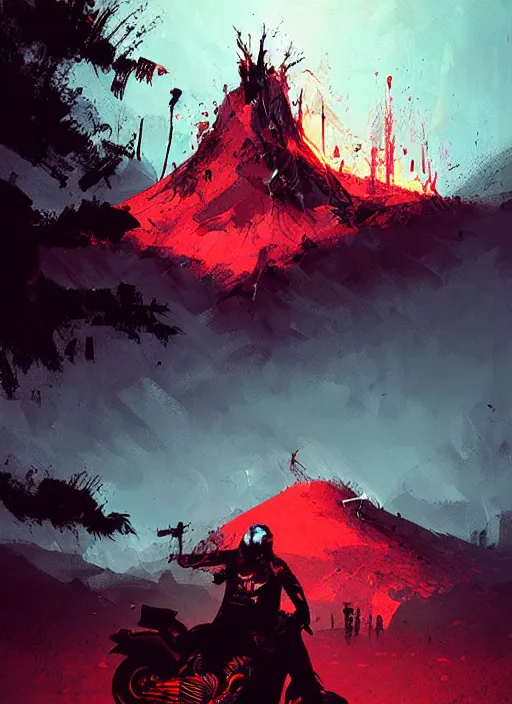 Image similar to horror art, motorbiker from hell, red volcano peaks in the background, art by ismail inceoglu