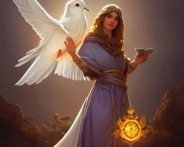 Image similar to the holy spirit as a dove, photography of kurzgesagt, deep focus, d & d, fantasy, intricate, elegant, highly detailed, digital painting, artstation, concept art, matte, sharp focus, illustration, hearthstone, art by artgerm and greg rutkowski and alphonse mucha