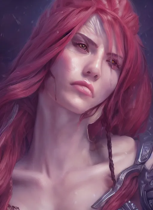 Image similar to katarina, from league of legends, au naturel, hyper detailed, digital art, trending in artstation, cinematic lighting, studio quality, smooth render, fluorescent skin, unreal engine 5 rendered, octane rendered, art style by klimt and nixeu and ian sprigger and wlop and krenz cushart