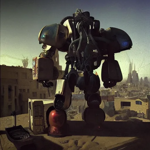 Image similar to Vermeer photographed photorealistic vfx movie cyberpunk aesthetic TOOL album holographic cover art of a giant mech warrior. 3D octane.