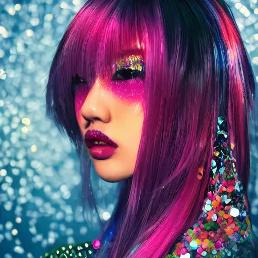 Image similar to japanese model with maximalist hair style and makeup, bright colors, fashion model, portrait shot, glitter, depth of field, 8 k, hyper detailed, intricate, trending on artstation