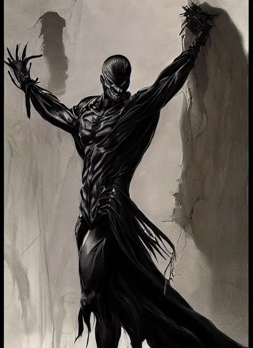 Image similar to elegant renaissance concept art of a male young muscular neo from matrix 1 as sandman from vertigo comics, the crow 1 9 9 4, full figure dynamic fighting pose, pale skin!, gothic, black overcoat, fantasy, intricate, highly detailed, digital painting, artstation, smooth, sharp focus, illustration, art by artgerm and greg rutkowski and alphonse mucha