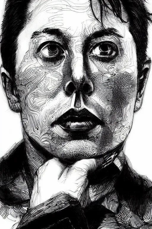 Image similar to Portrait of Elon Musk, pen and ink, intricate line drawings, by Yoshitaka Amano, Ruan Jia, Kentaro Miura, Artgerm