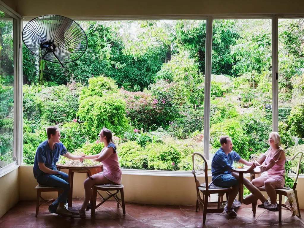 Image similar to couple sitting in garden room, wide angle, lens distortion, high contrast, cinecolor, soft lighting, multiple table fans placing around them, day light, happy mood