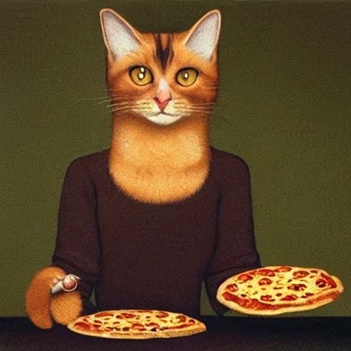 Image similar to calico cat eating pizza by Quint Buchholz