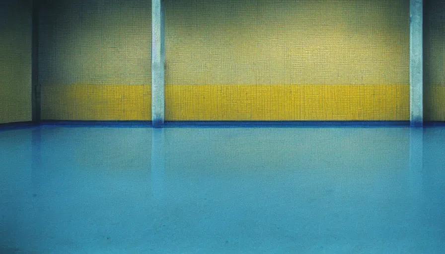 Image similar to movie still by andrei tarkovsky of an empty municipal swimmingpool with yellow tiles with light blue tiles, high quality, high detail, liminal space style