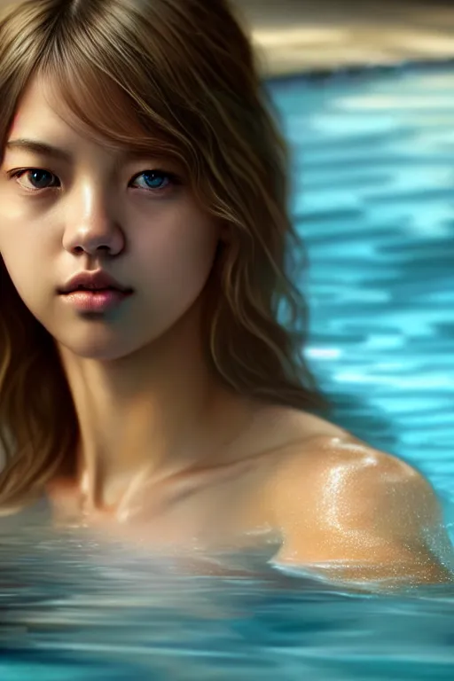 Image similar to beautiful half body digital painting of lalisa emerging from pool of water with high detail, face, 8 k, stunning detail, photo by artgerm, greg rutkowski and alphonse mucha, unreal engine 5, 4 k uhd