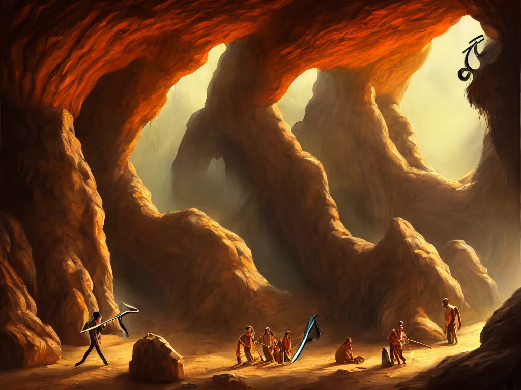 Prompt: a painting of a human of a big mouth turns into a cave with strange bearded beings with scythes, 4 k, art by miguel alandia pantoja