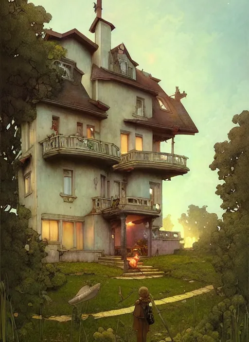 Image similar to a hyper realistic house on a hill distant explosions, gorgeous lighting, lush foliage, painting by chiara bautista and tom bagshaw, mucha, beksinski and norman rockwell and greg rutkowski weta studio, and lucasfilm