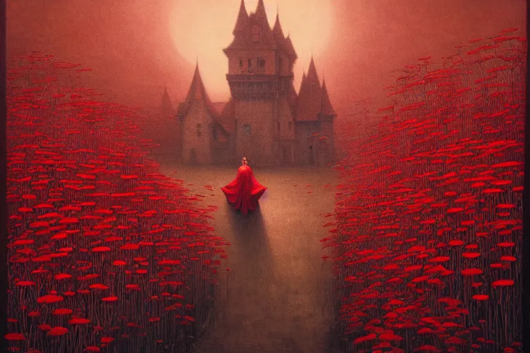 Image similar to only with red, red flowers of different types, a red tiger, a castle in the background, medieval demons dance over the flowers, an ancient path, in the style of beksinski, part by hopper, part by rodcenko, part by hofbauer, intricate composition, red by caravaggio, insanely quality, highly detailed, masterpiece, red light, artstation