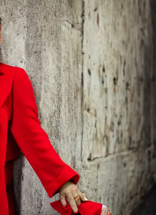 Prompt: color Close-up portrait of a beautiful 40-year-old Italian woman, wearing a red outfit, candid street portrait in the style of Martin Schoeller award winning, Sony a7R