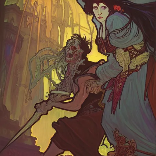 Image similar to a necromancer fighting another warlock with magic, epic , Grim fantasy, illustration , concept art, Alphonse Mucha style,