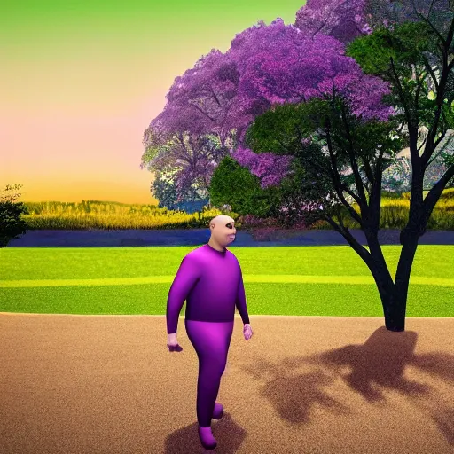 Prompt: a bald man flying around in a green and purple sky, with round pink trees specifically every 2.5 meters. The grass should be long and yellow and there should be a patch of concrete at the bottom of where all the trees grow