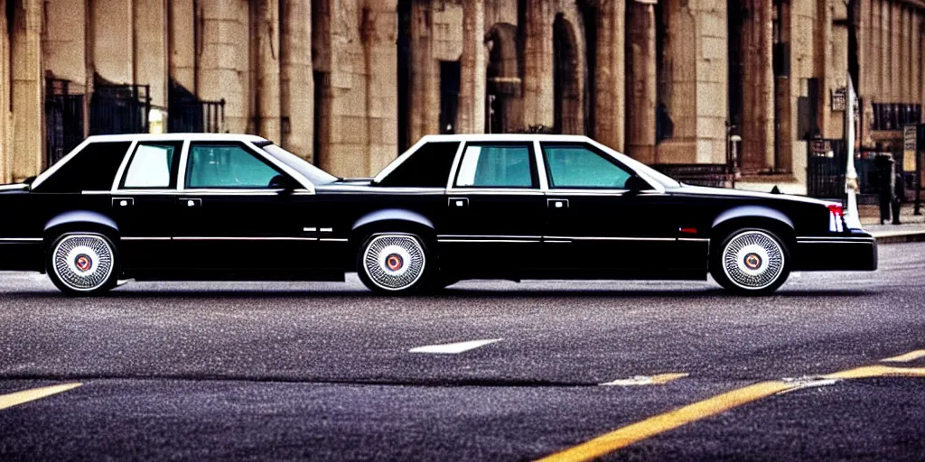 Image similar to hyper realistic, high detail real life photo of black 1 9 9 2 cadillac de ville, city streets wet, beautiful, dreary lighting