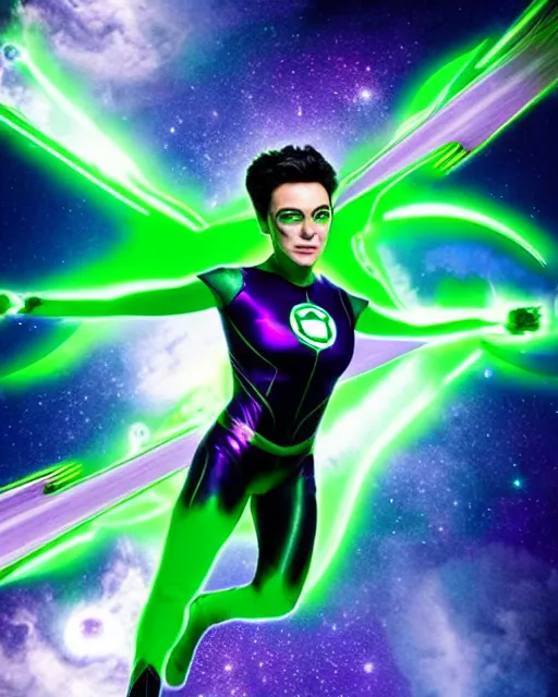 Image similar to photos of beautiful actress Ella Purcell as the Green Lantern Soranik Natu, as she soars thru outer space. Photogenic, purple skin, short black pixie like hair, particle effects, photography, studio lighting, cinematic