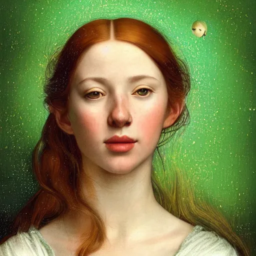 Image similar to portrait of a happy young woman, among the lights of golden fireflies and nature, long loose red hair, intricate details, green eyes, hint of freckles, round gentle face, gorgeous dress, deep focus, smooth, sharp, golden ratio, hyper realistic digital art by artemisia lomi gentileschi and leonardo da vinci and artgerm