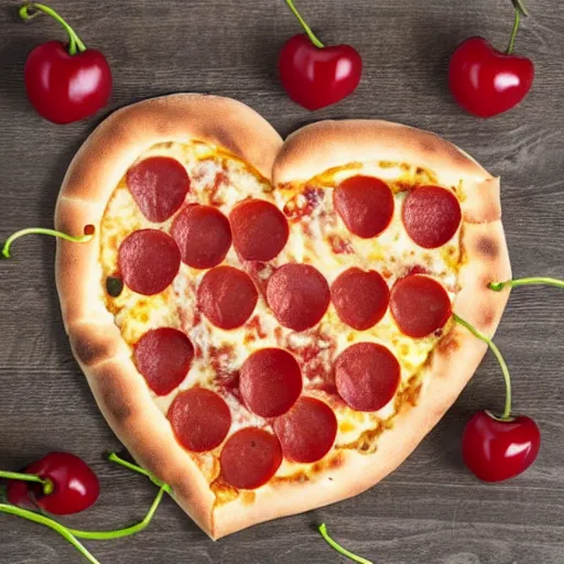 Image similar to heart shaped magerhita pizza with alot of cheese, 4 - 5 cherry tomata served on a wooden plate