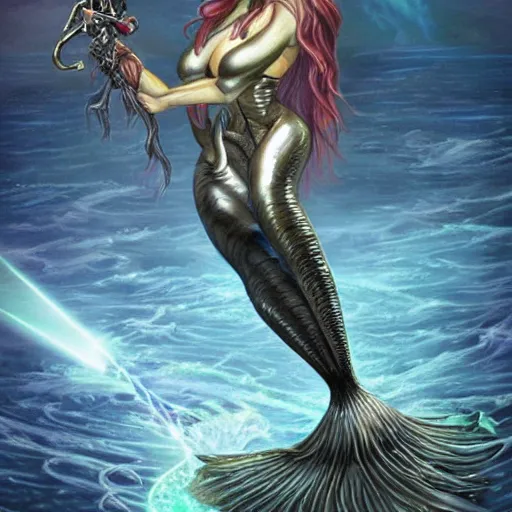 Image similar to mermaid cyborg with a laser whip, realistic, detailed, uncropped, fantasy art