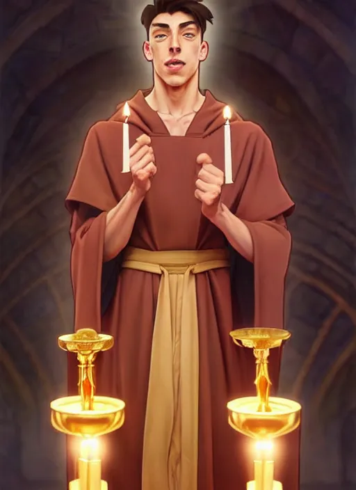 Image similar to muscular kai havertz as a priest wearing robes. holding golden candlestick, in a monestry natural lighting, path traced, highly detailed, high quality, digital painting, by don bluth and ross tran and studio ghibli and alphonse mucha, artgerm