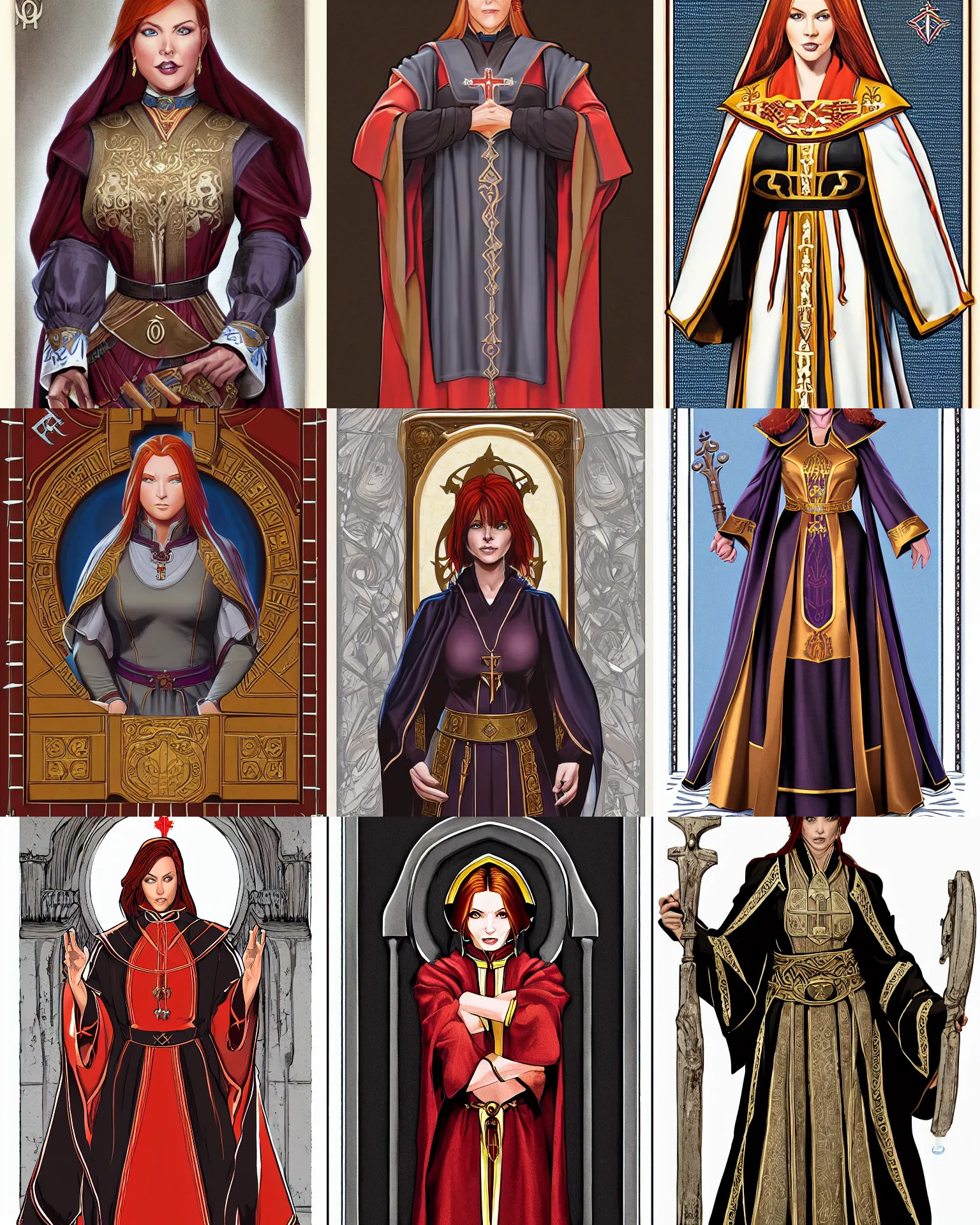 Prompt: symmetrical portrait of a stocky redheaded woman in clerical vestments , iconic character art by Wayne Reynolds for Paizo Pathfinder RPG