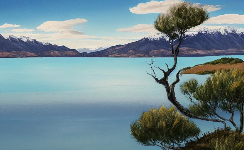 Image similar to Lake Wānaka, scenery, striking and laidback, summer palette, illustration, featured on ArtStation