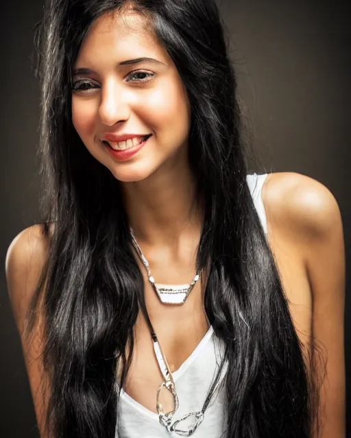 Image similar to a portrait of a beautiful Young female with long disheveled black hair, beautiful and smiling, sweet looks, white skin and reflective eyes, black tank top, black leather shiny jeans, an ankh necklace white colors in the background, 500px photos, top cinematic lighting , cinematic mood, very detailed, shot in canon 50mm f/1.2