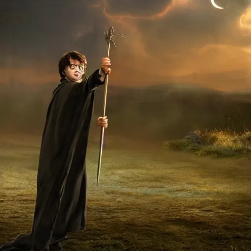 Image similar to Harry potter standing and casting a wand, back view, thunderclouds, cinematic shot, wide shot, epic scale, waving robe movement, photorealistic detail and quality, intricate ground stone, magical sigils, floating particle effects, movie still, nighttime, crescent moon, sharp and clear, action shot, intense scene, visually coherent, symmetry, rule of thirds, movement, photorealistic colors, cool colors transitioning to warm colors, award winning, directed by Steven Spielberg, Christopher Nolan, Tooth Wu, Asher Duran