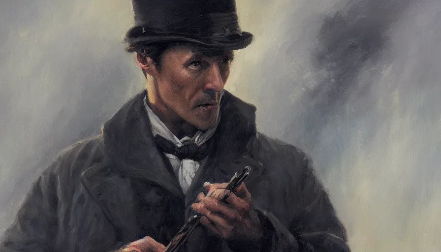 Prompt: wallpaper of sherlock holmes, oil painting by jama jurabaev, brush hard, artstation, for aaa game, high quality, brush stroke