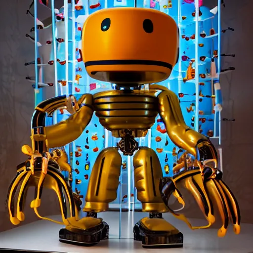 Prompt: pictoplasma, pictoplasma, A propaganda, plastic simple funny mechanical mechabot characterdesign toy sculpture made from chrome wires and tubes by moebius, by david lachapelle, by angus mckie, by rhads, by jeff koons, in an empty studio hollow, c4d