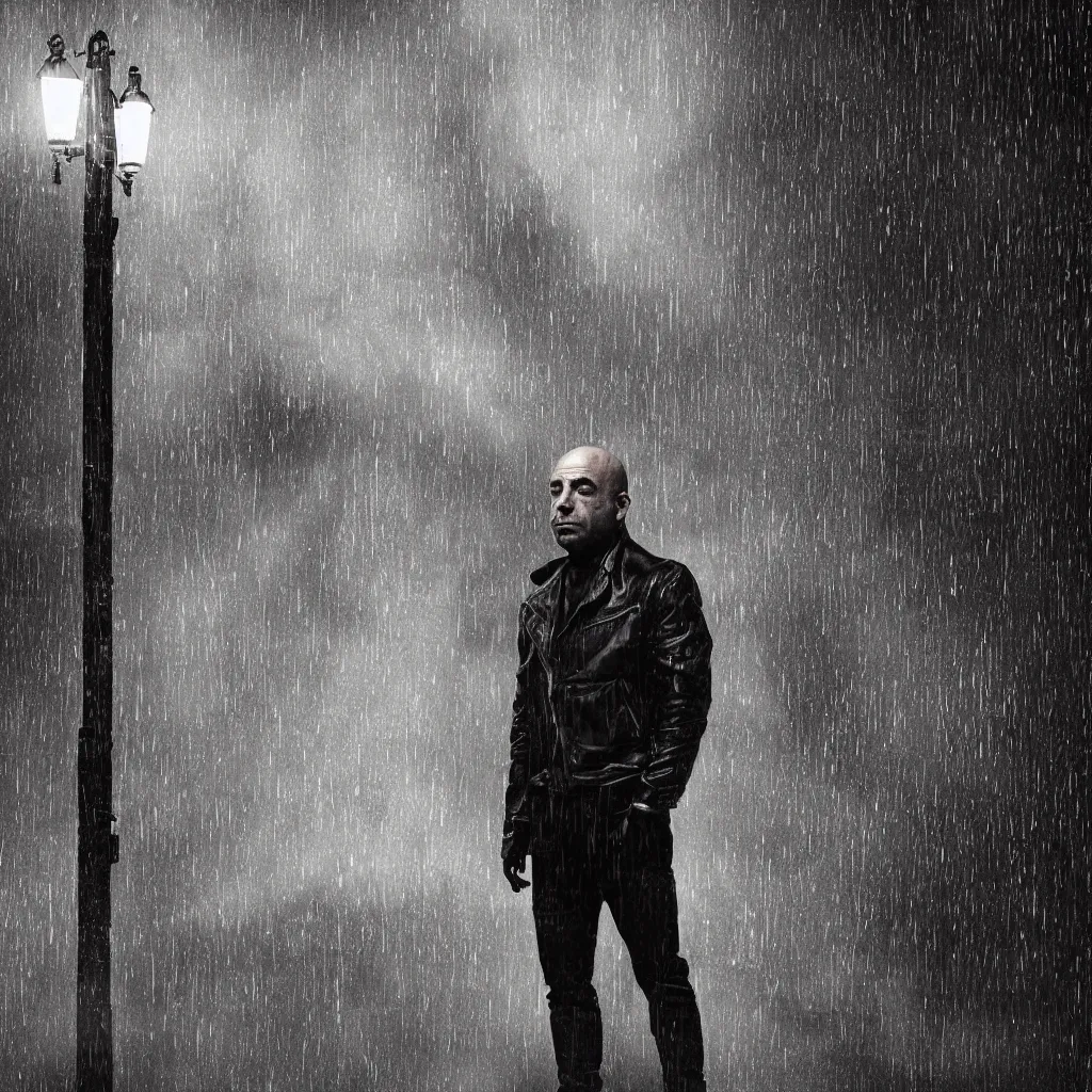 Image similar to Joe Rogan wearing a black leather jacket, leaning against a streetlight at night, gritty atmosphere, digital art, lit from above, raining