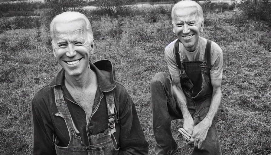 Prompt: far view, extremely skinny malnourished joe biden with long beard, wearing dirty overalls, dirty greasy face, grin, portrait, close up, kodak gold 2 0 0, 5 0 mm,
