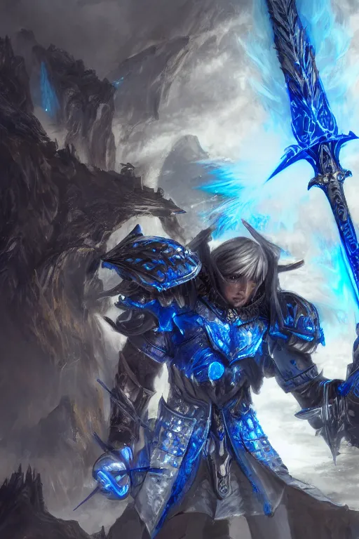 Image similar to a epic and fantasy concept art of ultramarine, lightning sword, w 4 0 k, by tsuyoshi nagano, akihiko yoshida, aion, hyperdetailed, 8 k realistic, symmetrical, wallpaper, long shot, frostbite 3 engine, cryengine, dof, trending on artstation, concept art, smooth, digital art