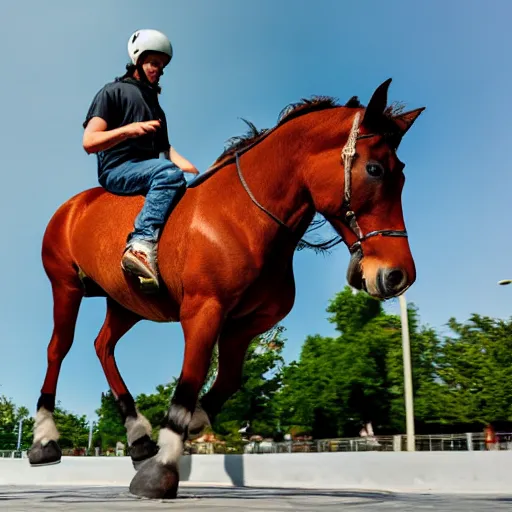 Prompt: professional photograph of a skateboarding horse, posed